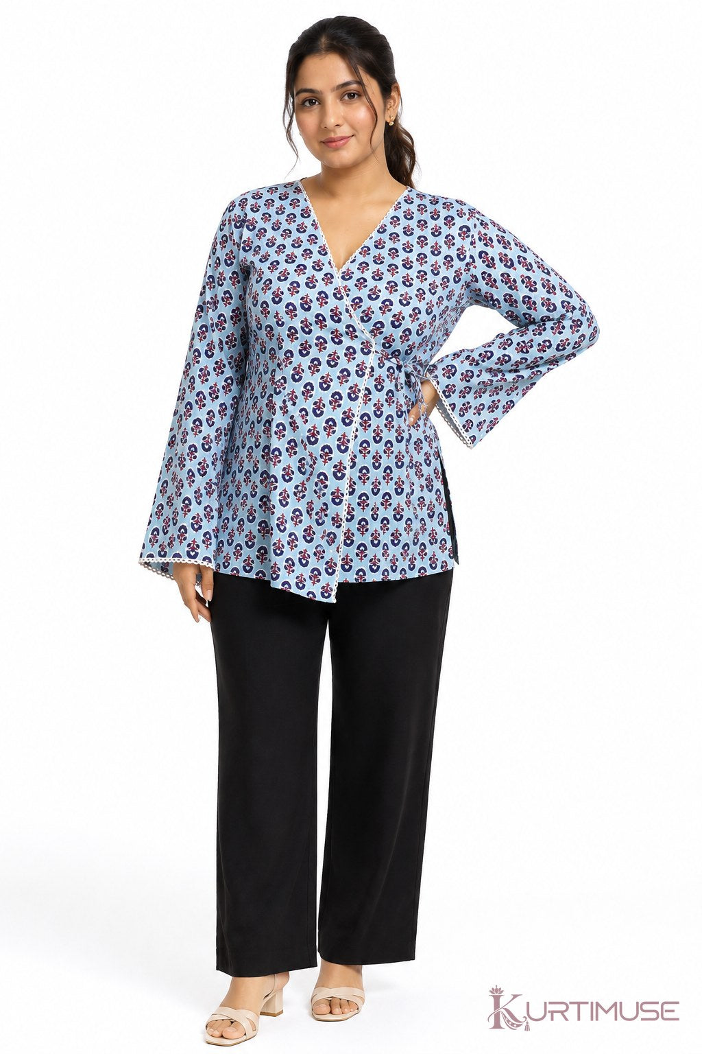 Dhoop-Chhaon Grey Blue Print Wrap Short Kurti