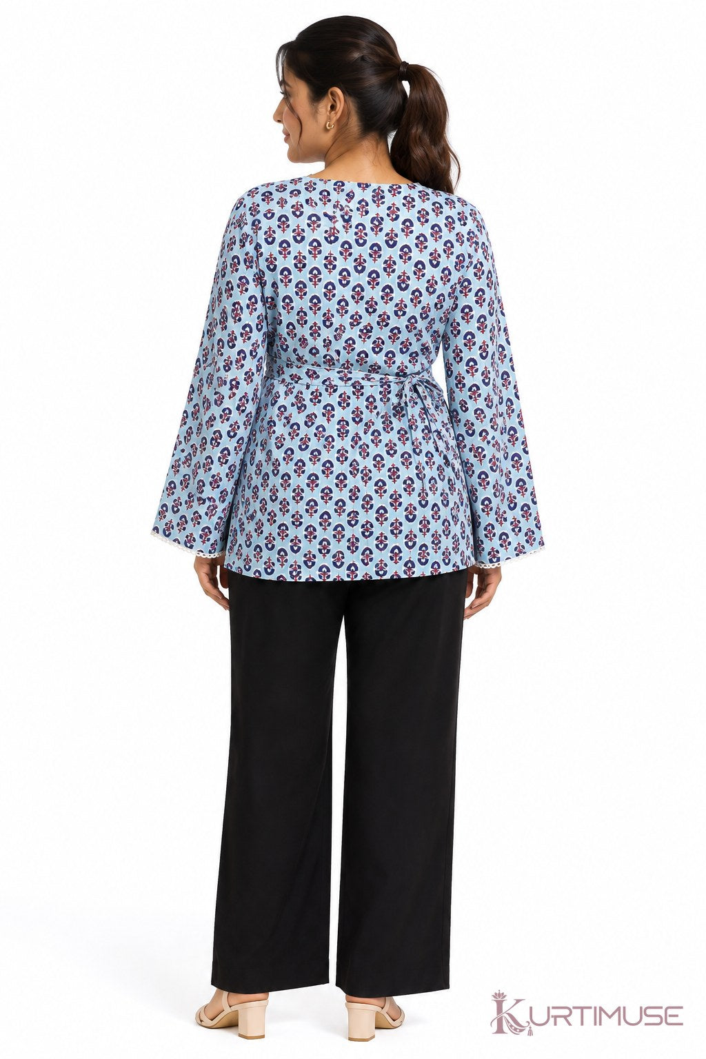 Dhoop-Chhaon Grey Blue Print Wrap Short Kurti