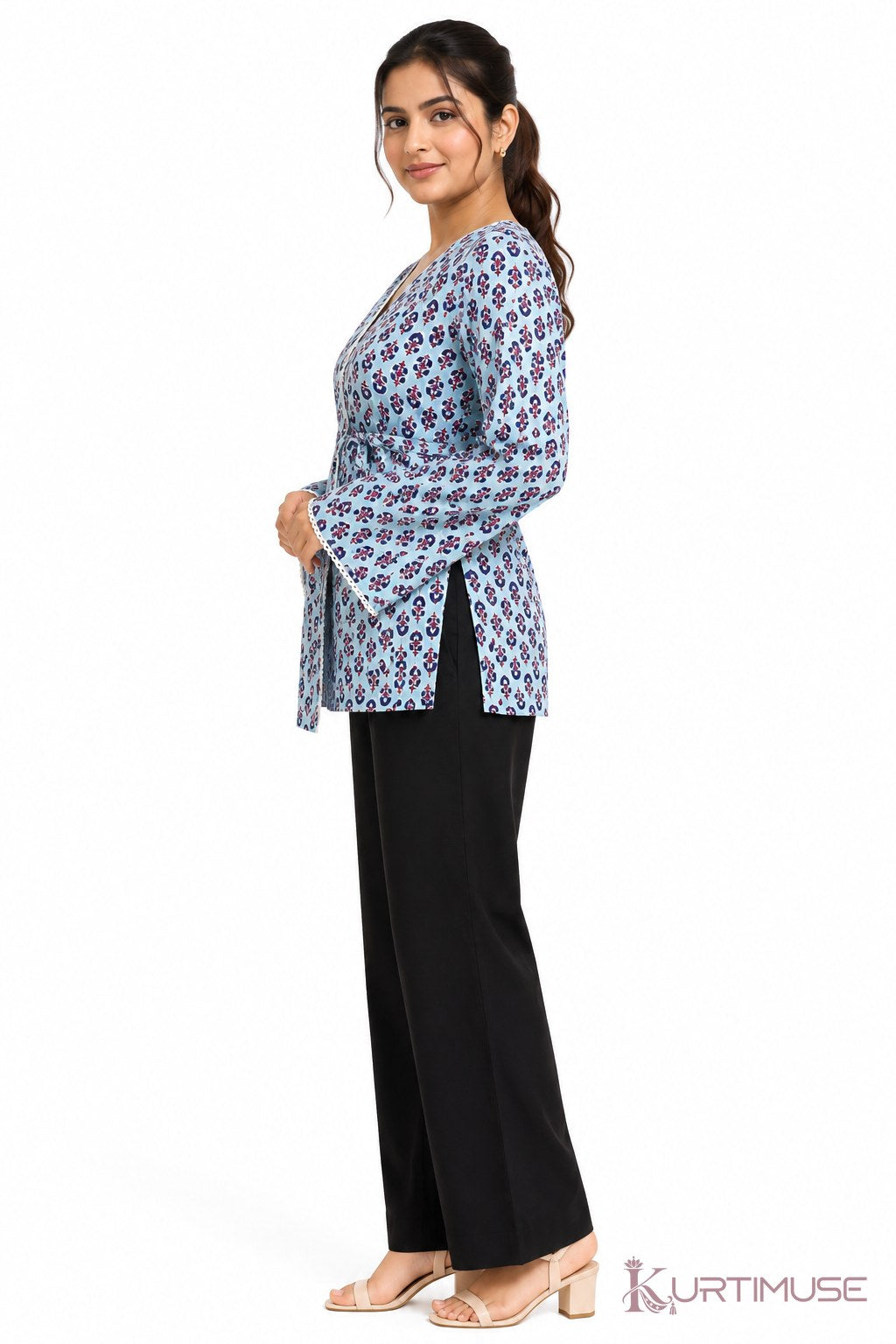 Dhoop-Chhaon Grey Blue Print Wrap Short Kurti