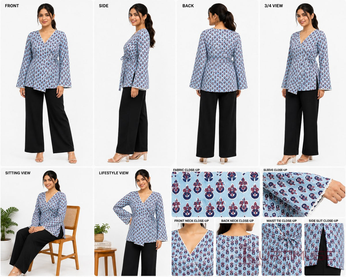 Dhoop-Chhaon Grey Blue Print Wrap Short Kurti