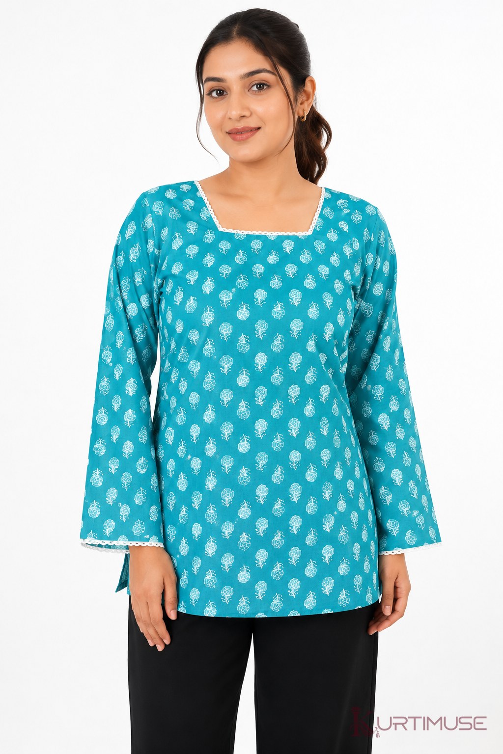 Firoza Turquoise Print Short Kurti