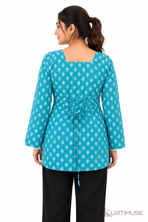 Firoza Turquoise Print Short Kurti