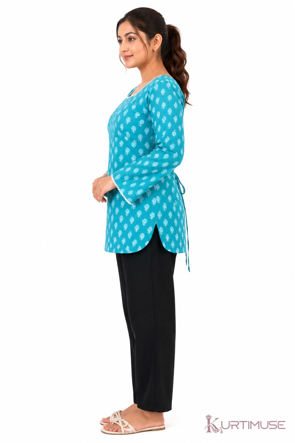 Firoza Turquoise Print Short Kurti