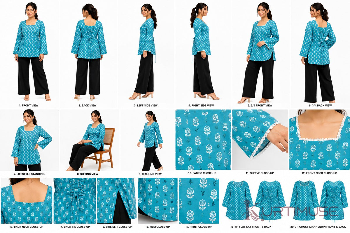 Firoza Turquoise Print Short Kurti
