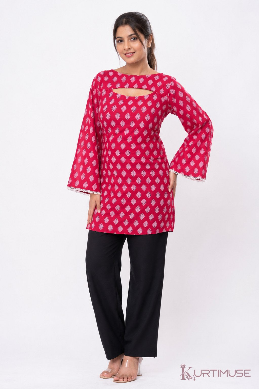 Gulnaar Pink Print Cut-Out Short Kurti with Inner
