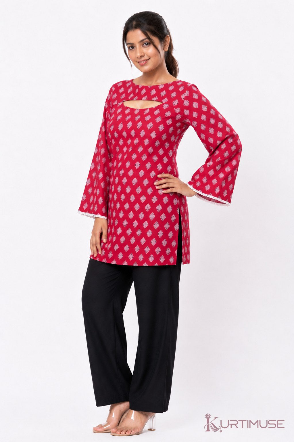 Gulnaar Pink Print Cut-Out Short Kurti with Inner