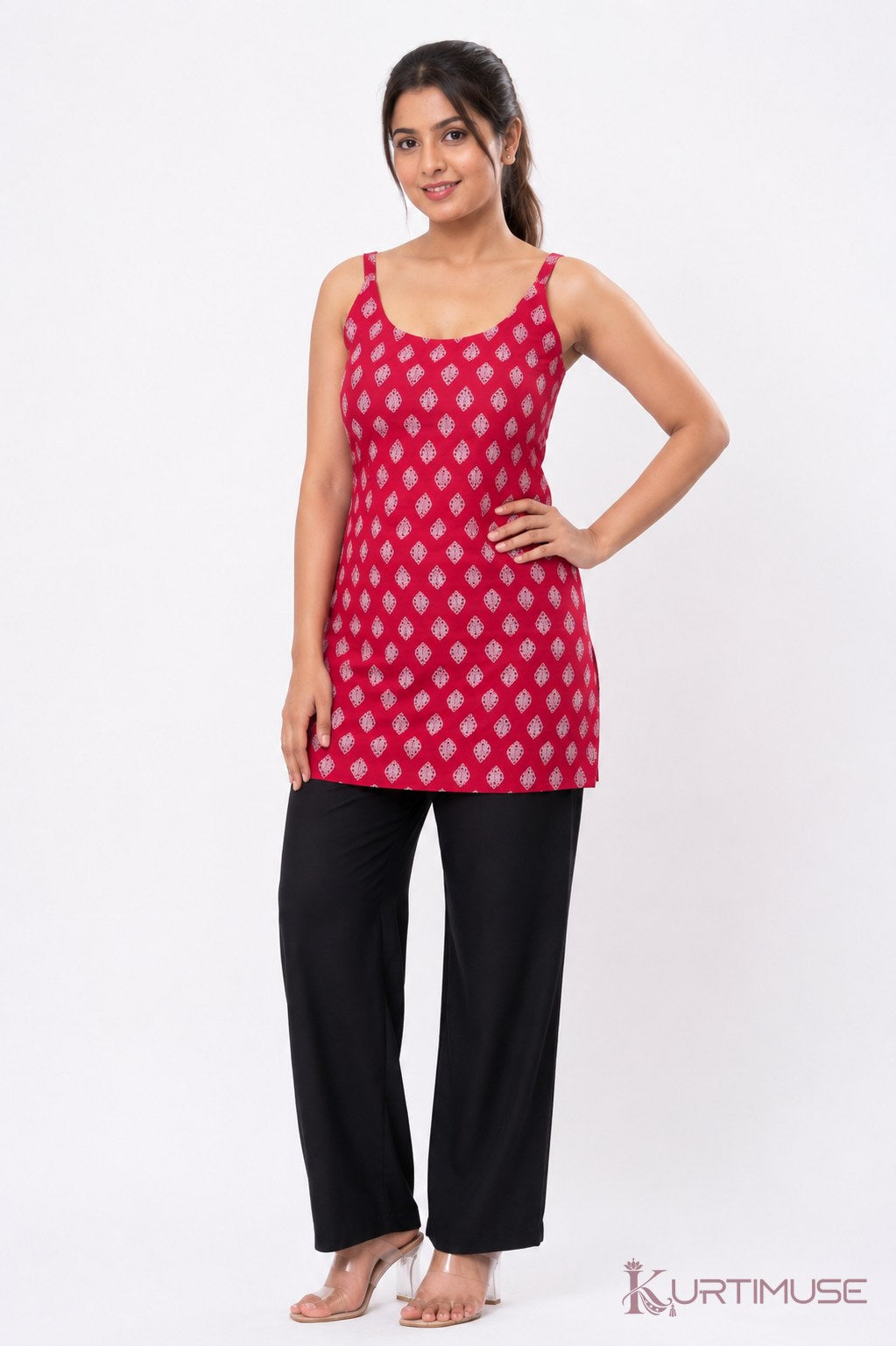 Gulnaar Pink Print Cut-Out Short Kurti with Inner