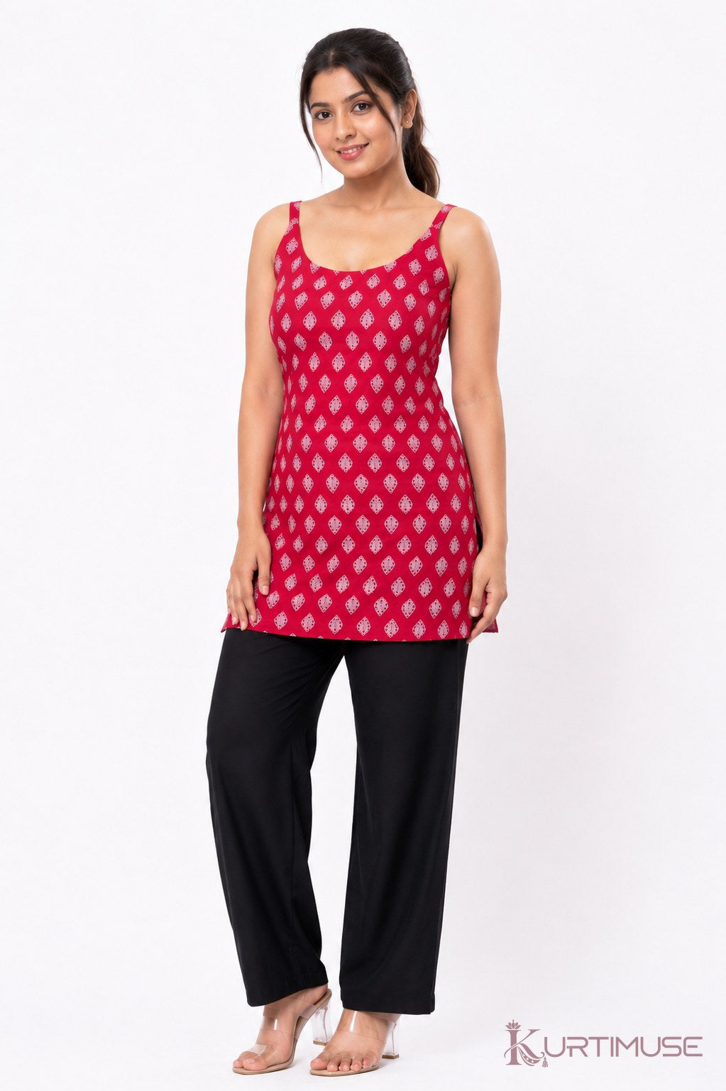 Gulnaar Pink Print Cut-Out Short Kurti with Inner