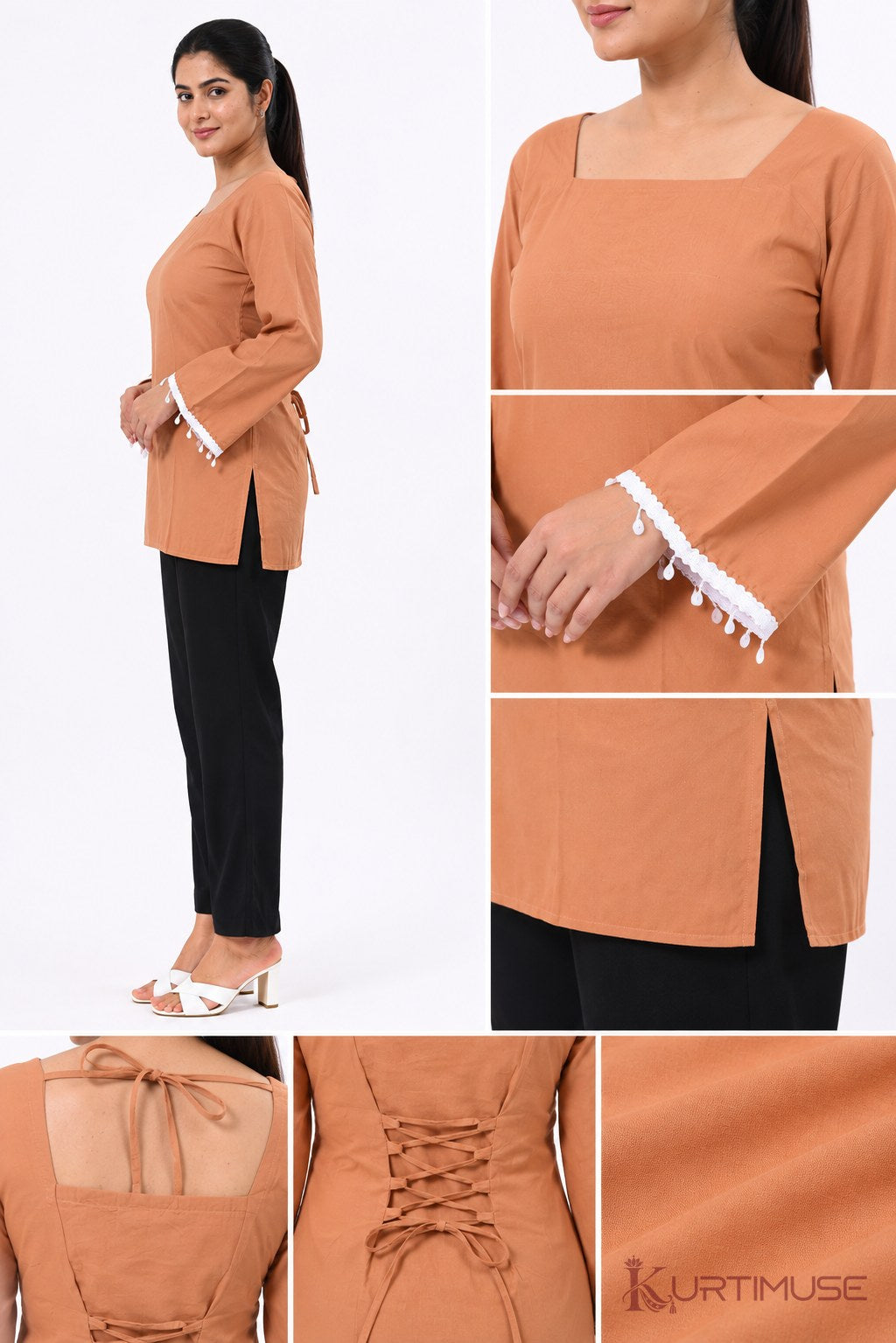 Kesariya Rust Lace-Up Back Short Kurti