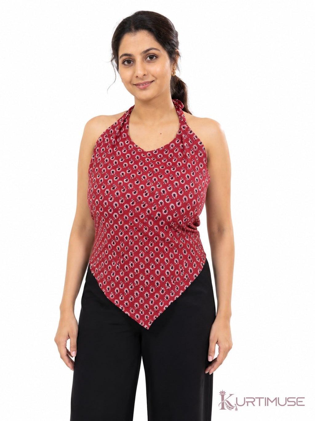 Laali Maroon Print Halter Neck Short Kurti