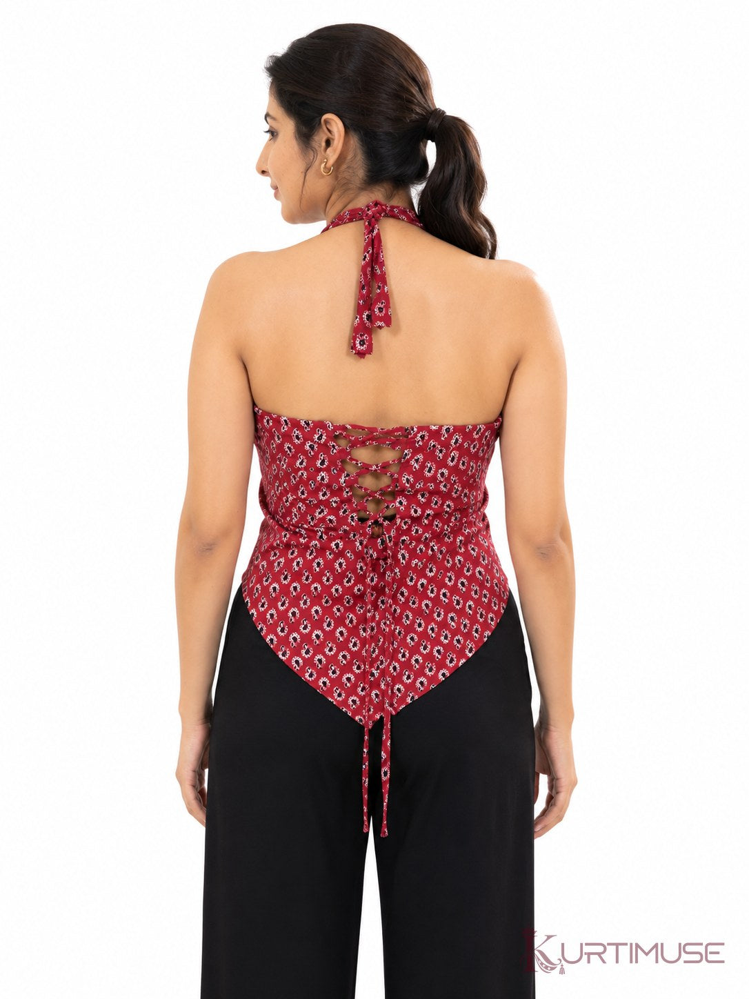 Laali Maroon Print Halter Neck Short Kurti