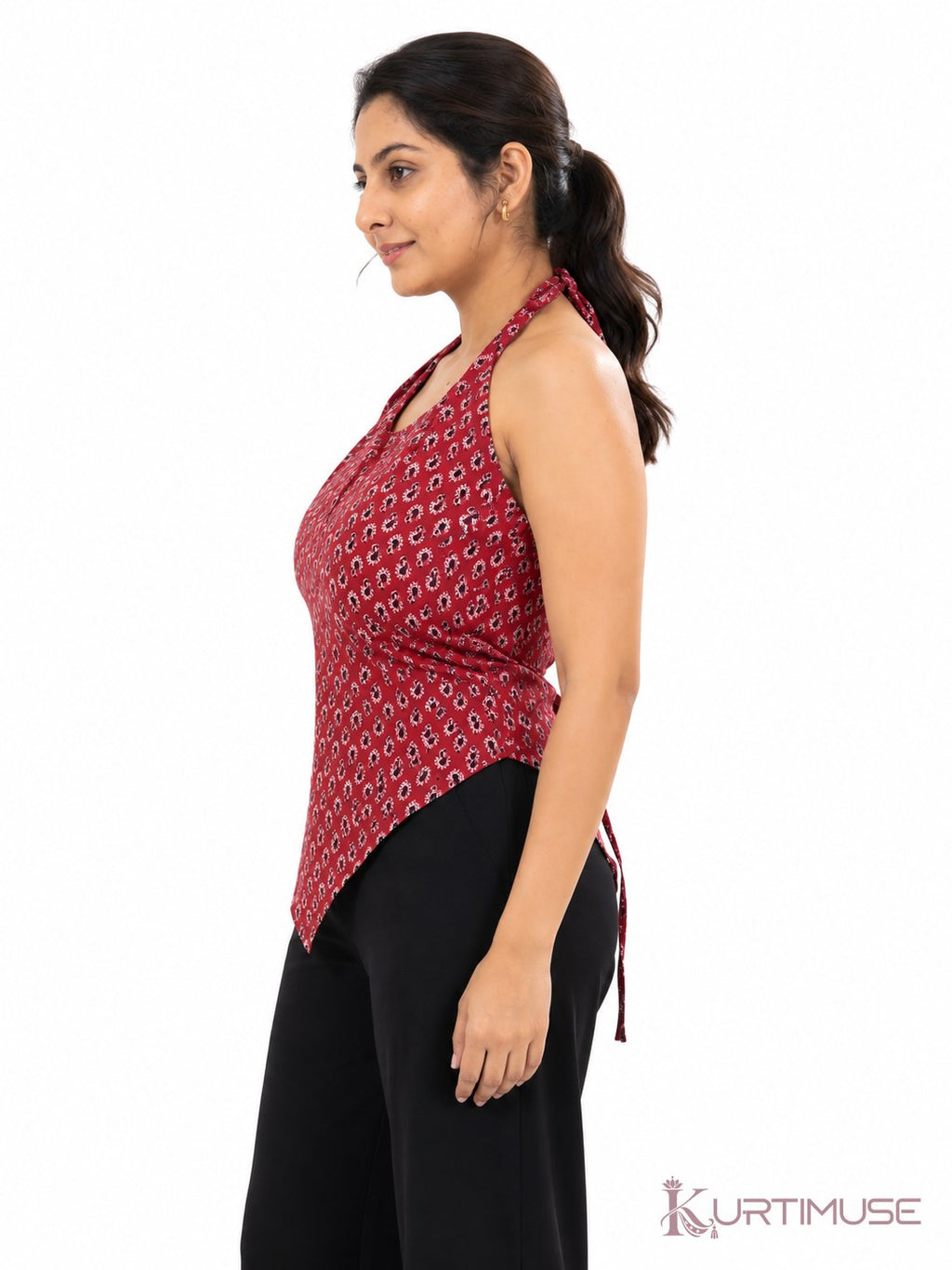 Laali Maroon Print Halter Neck Short Kurti