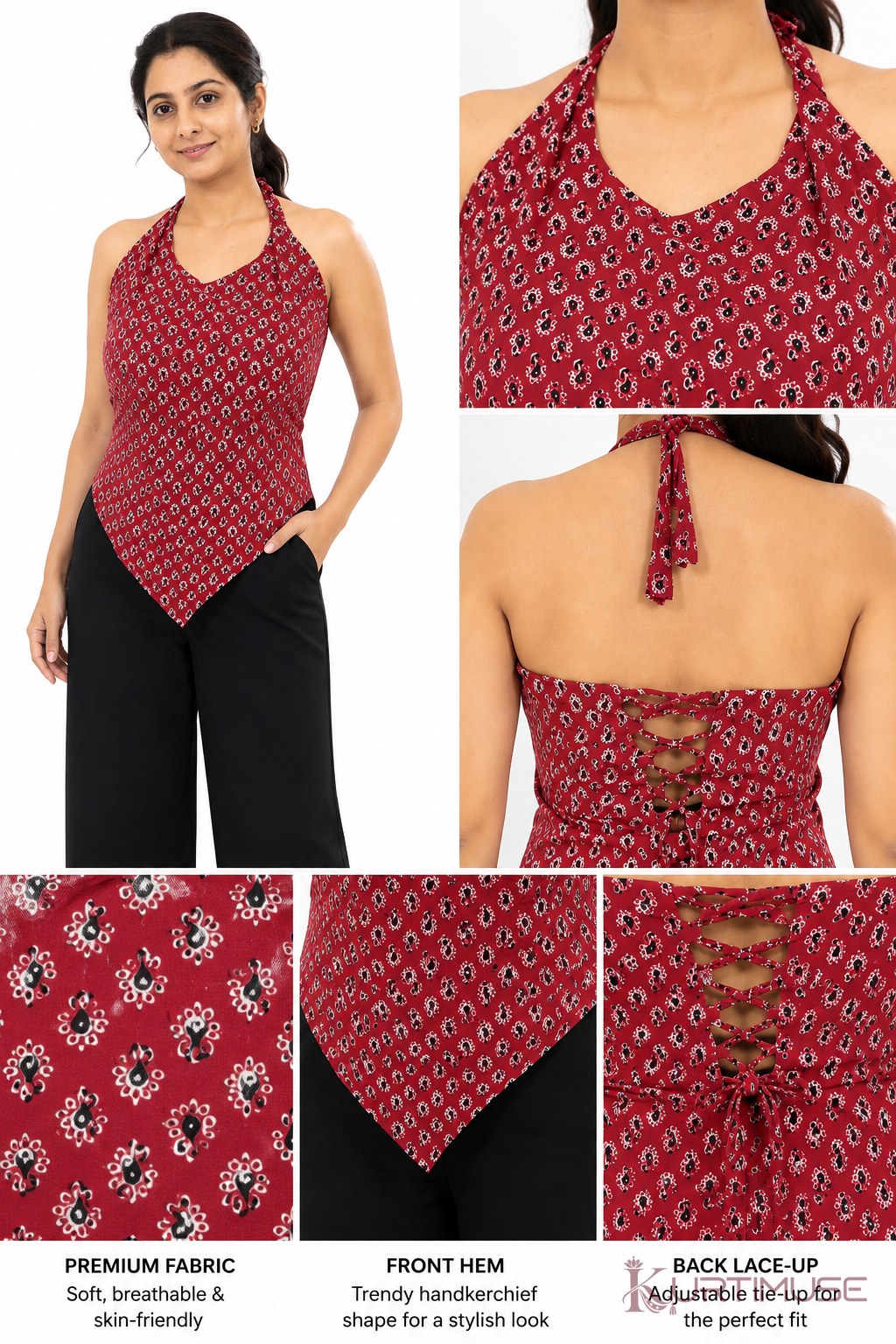 Laali Maroon Print Halter Neck Short Kurti