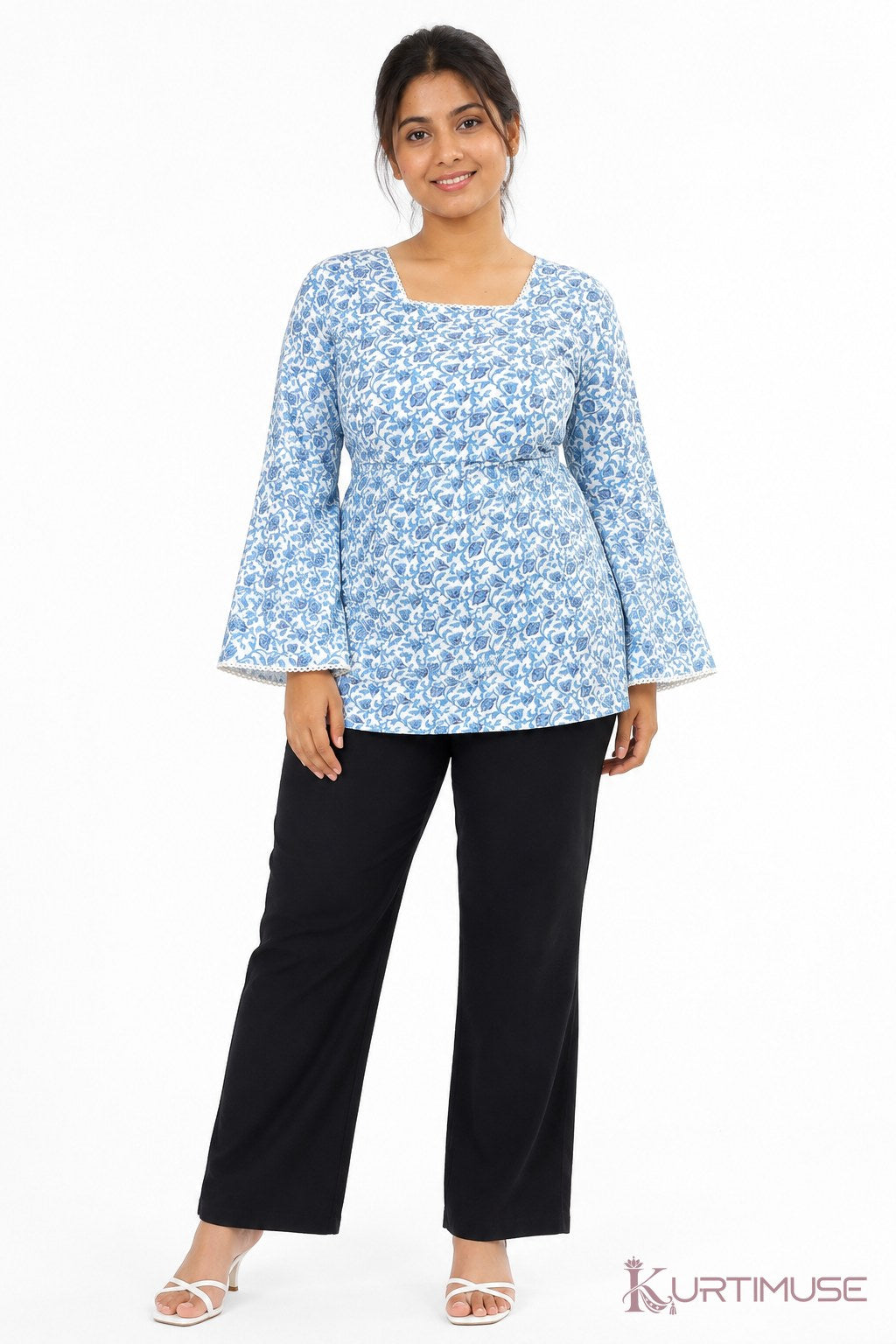 Megh Sky Blue Floral Bell Sleeve Short Kurti