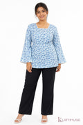 Megh Sky Blue Floral Bell Sleeve Short Kurti