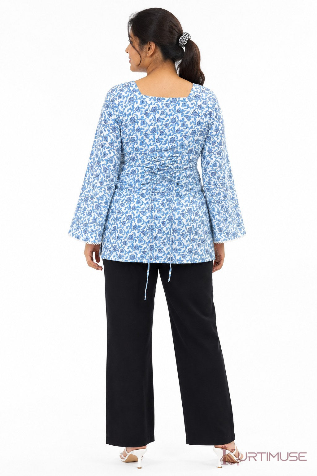 Megh Sky Blue Floral Bell Sleeve Short Kurti