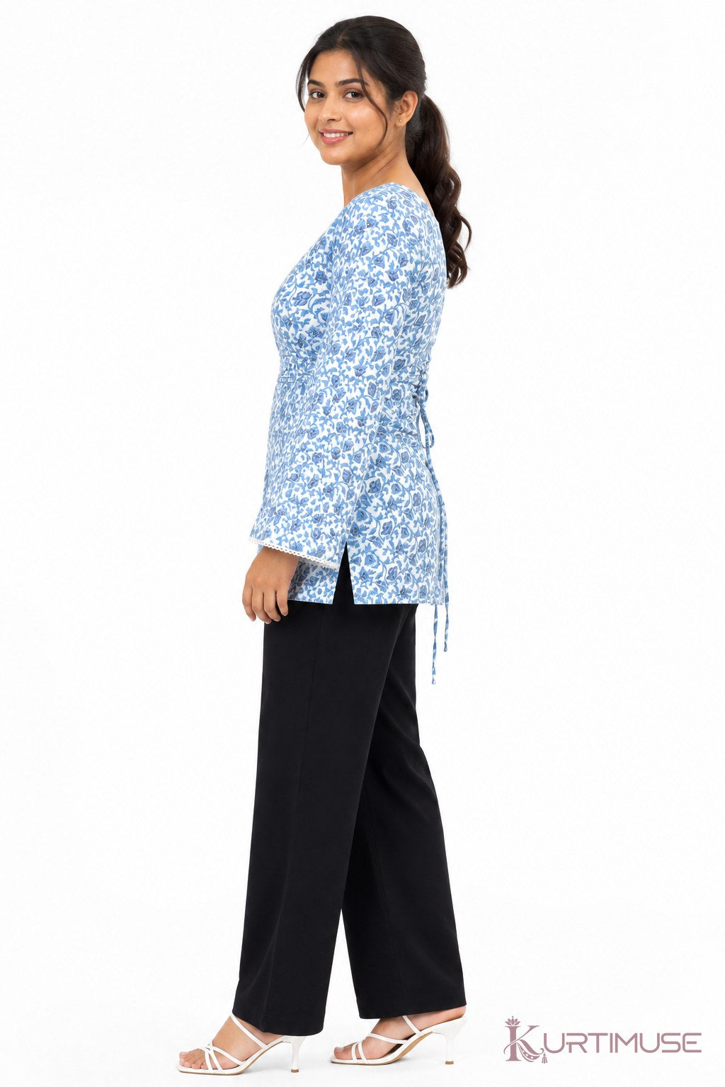 Megh Sky Blue Floral Bell Sleeve Short Kurti