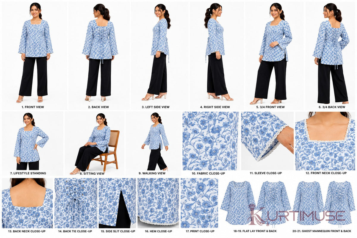 Megh Sky Blue Floral Bell Sleeve Short Kurti