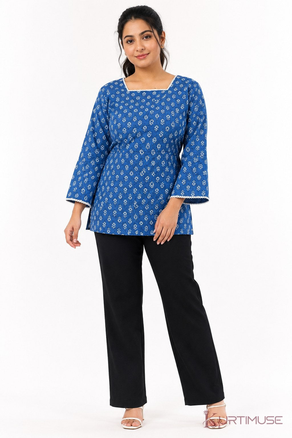 Neel-Bahar Blue Block Print Bell Sleeve Short Kurti