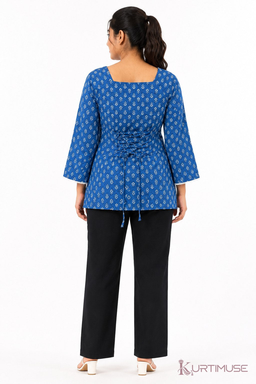 Neel-Bahar Blue Block Print Bell Sleeve Short Kurti