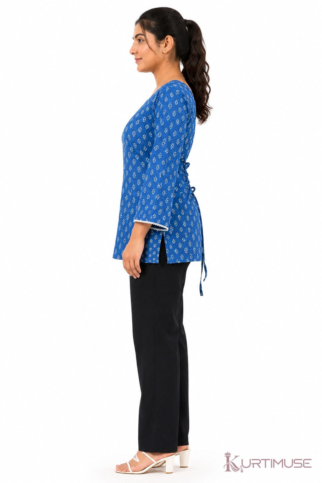 Neel-Bahar Blue Block Print Bell Sleeve Short Kurti