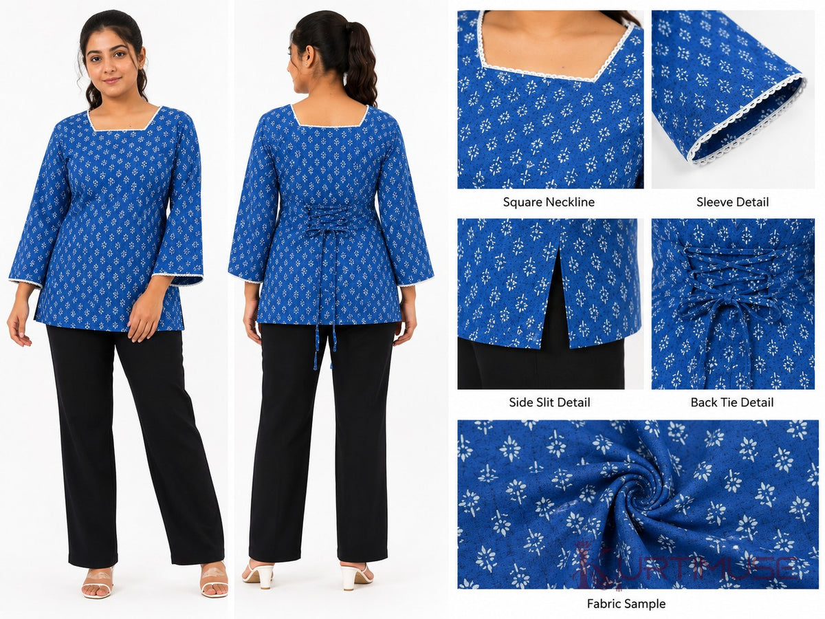 Neel-Bahar Blue Block Print Bell Sleeve Short Kurti