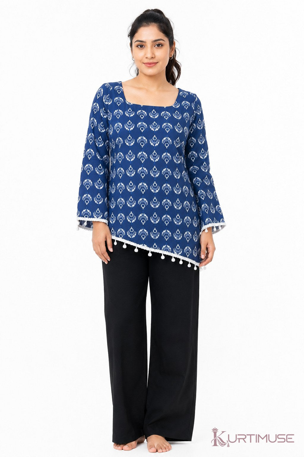 Neelam Indigo Print Asymmetric Hem Short Kurti