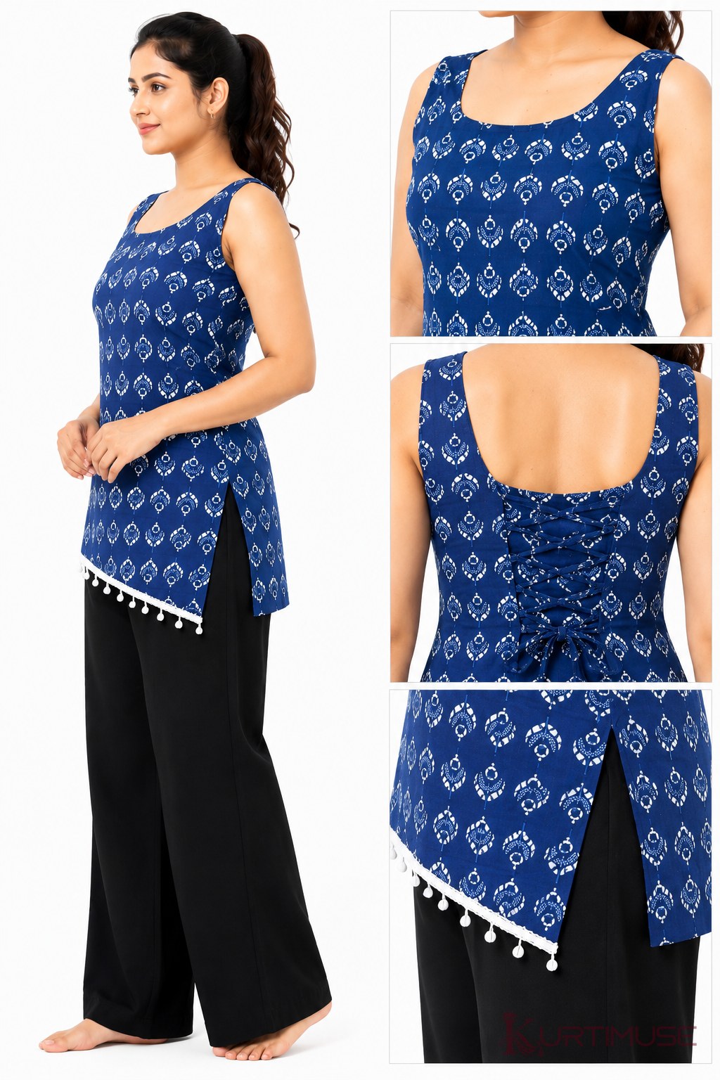 Neelam Indigo Print Asymmetric Hem Short Kurti