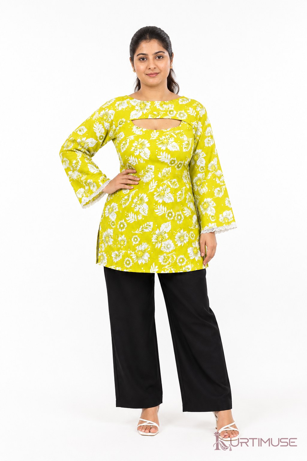 Nimbu-Pani Lime Floral Short Kurti with Inner