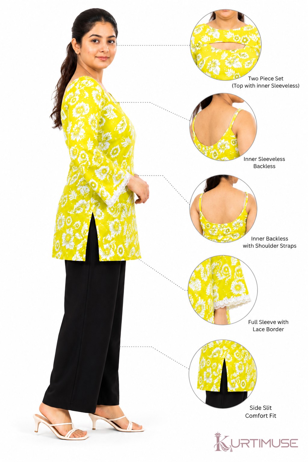 Nimbu-Pani Lime Floral Short Kurti with Inner