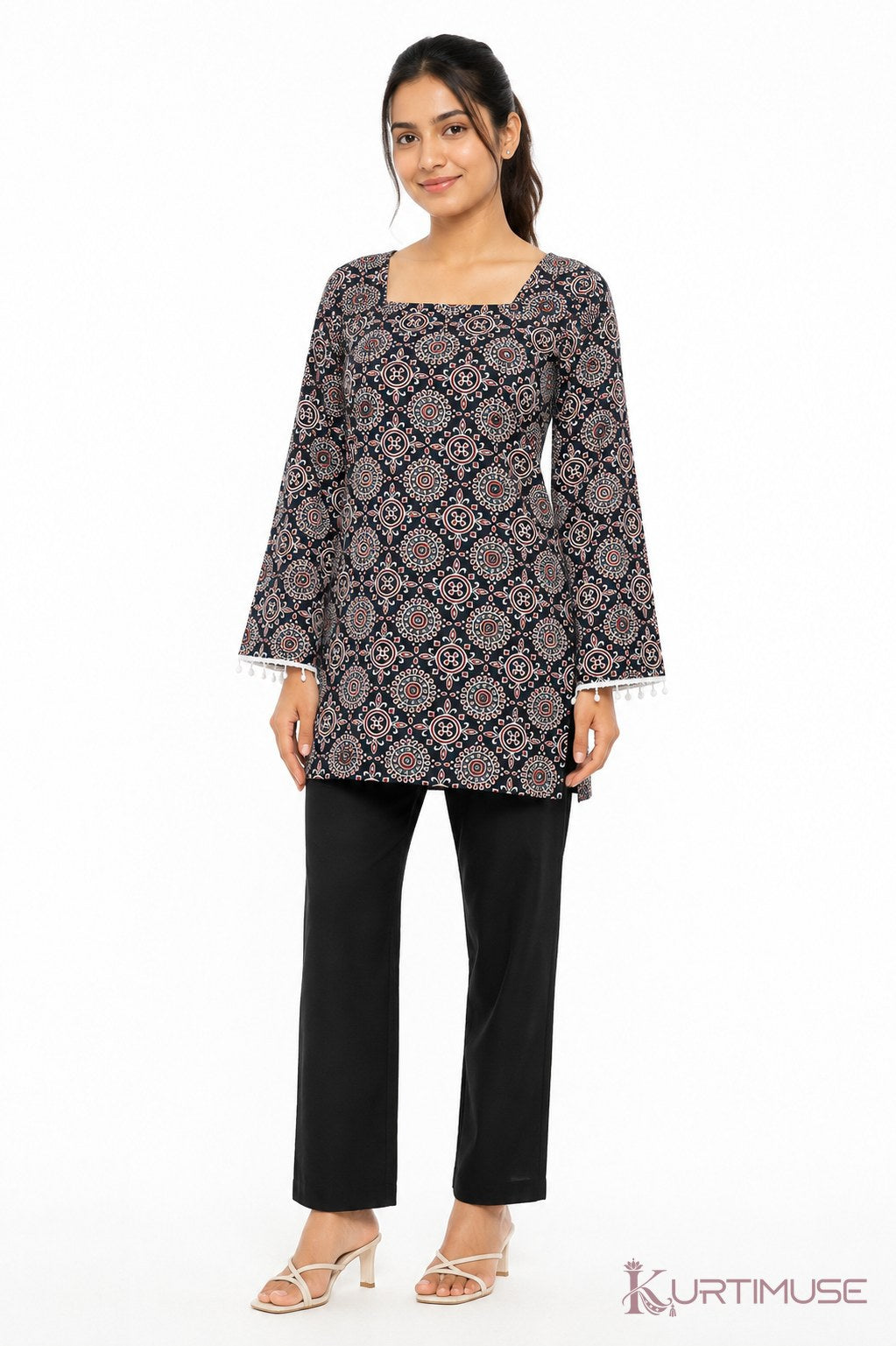 Raat-Rani Black Ajrakh Print Square Neck Short Kurti
