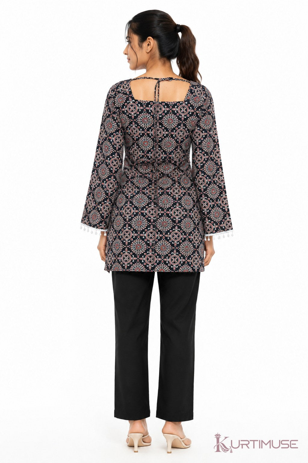 Raat-Rani Black Ajrakh Print Square Neck Short Kurti