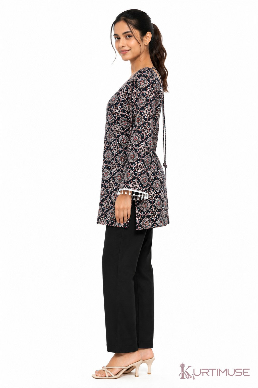 Raat-Rani Black Ajrakh Print Square Neck Short Kurti