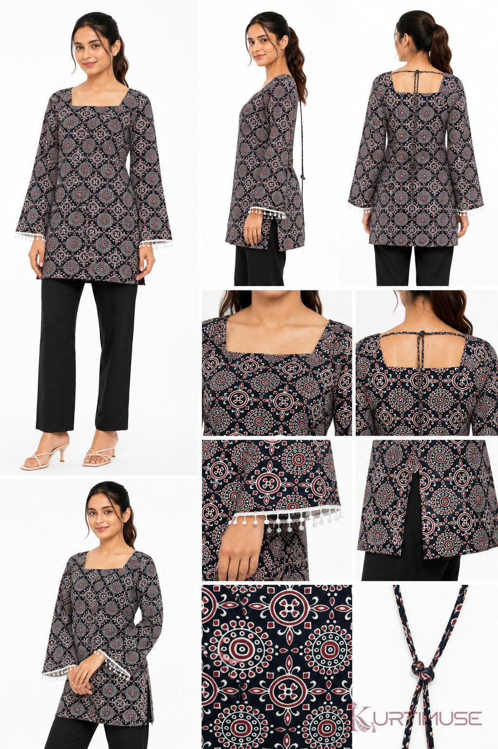 Raat-Rani Black Ajrakh Print Square Neck Short Kurti