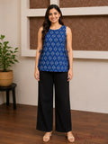 Saanjh Blue Print Sleeveless Short Kurti