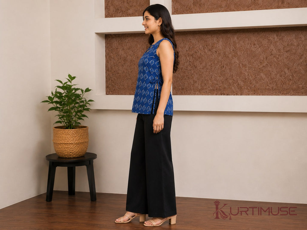 Saanjh Blue Print Sleeveless Short Kurti