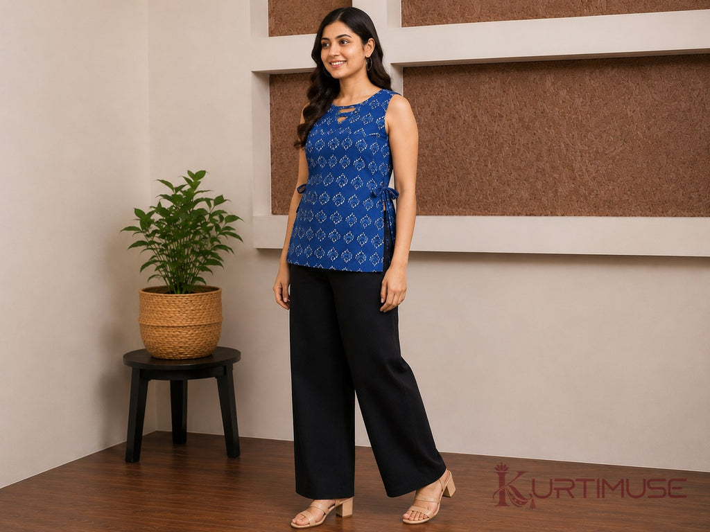 Saanjh Blue Print Sleeveless Short Kurti