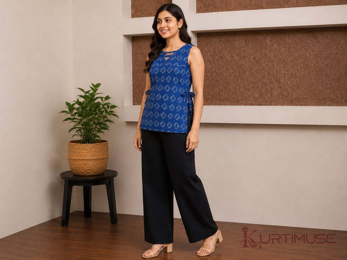 Saanjh Blue Print Sleeveless Short Kurti