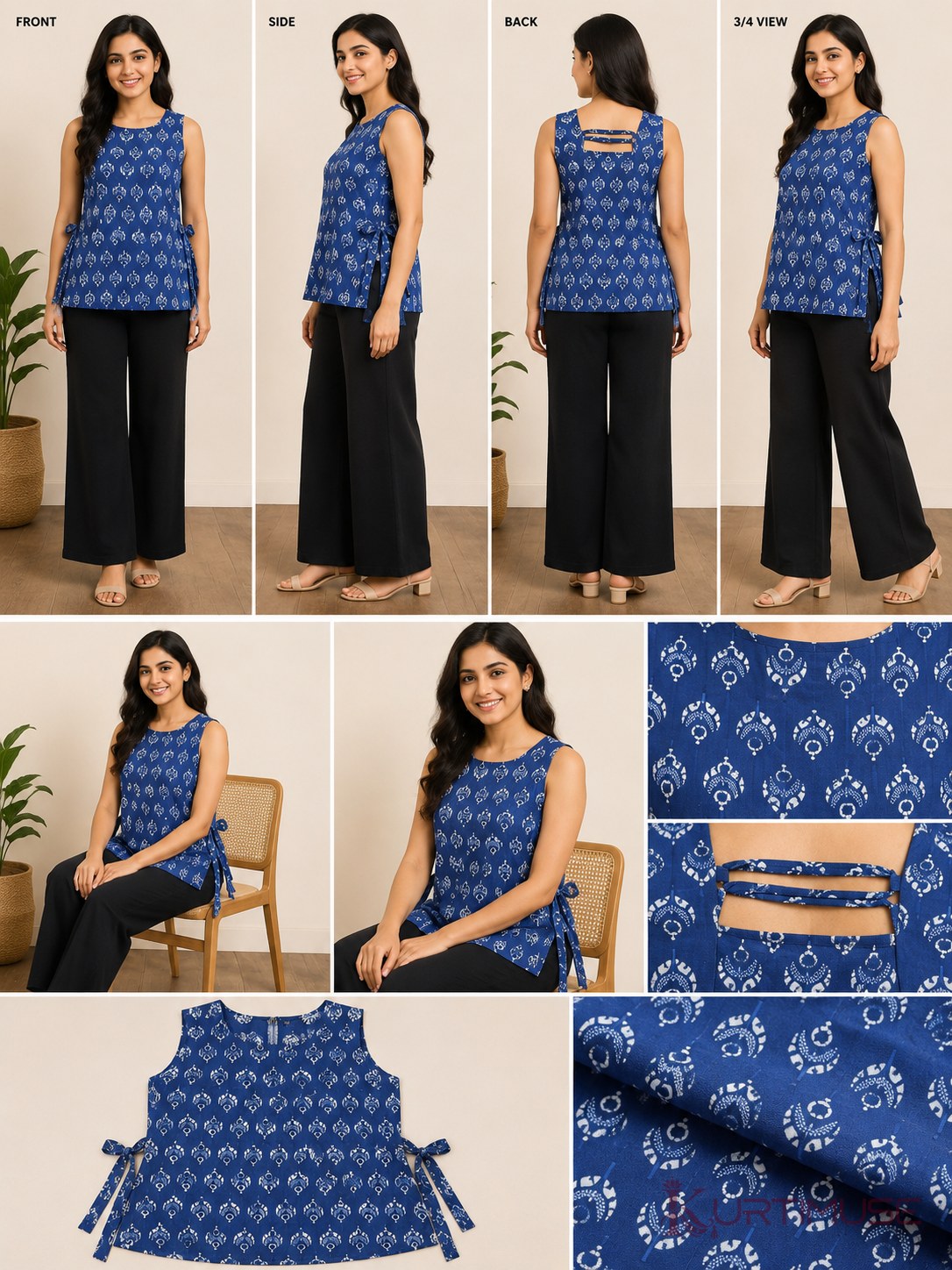 Saanjh Blue Print Sleeveless Short Kurti