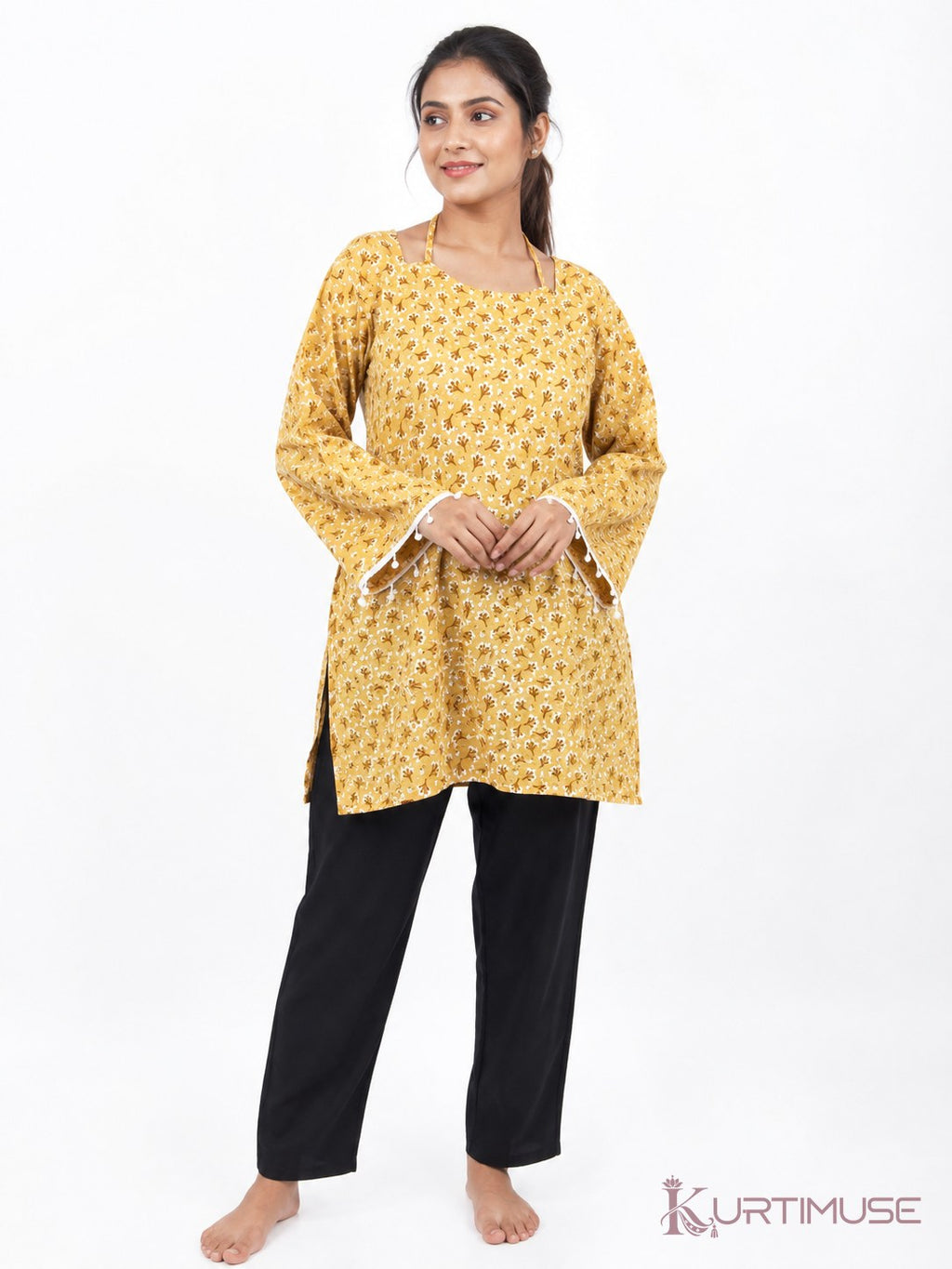 Sarson Mustard Print Bell Sleeve Short Kurti