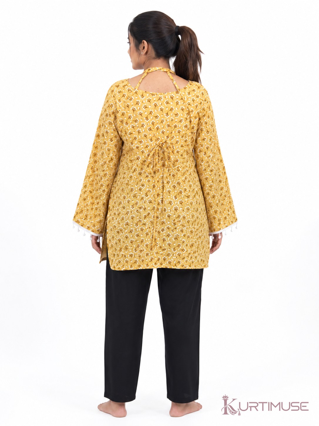 Sarson Mustard Print Bell Sleeve Short Kurti