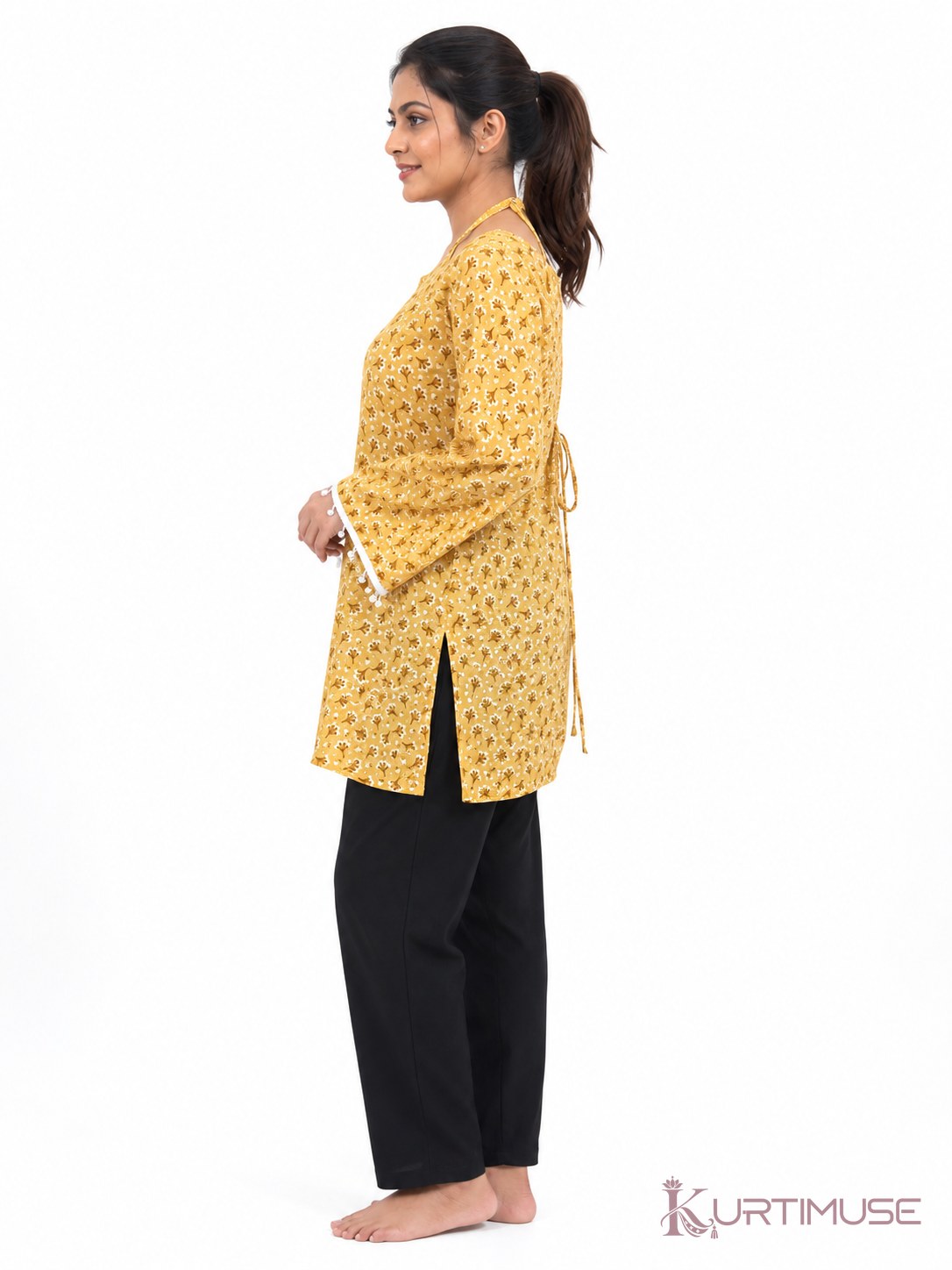 Sarson Mustard Print Bell Sleeve Short Kurti