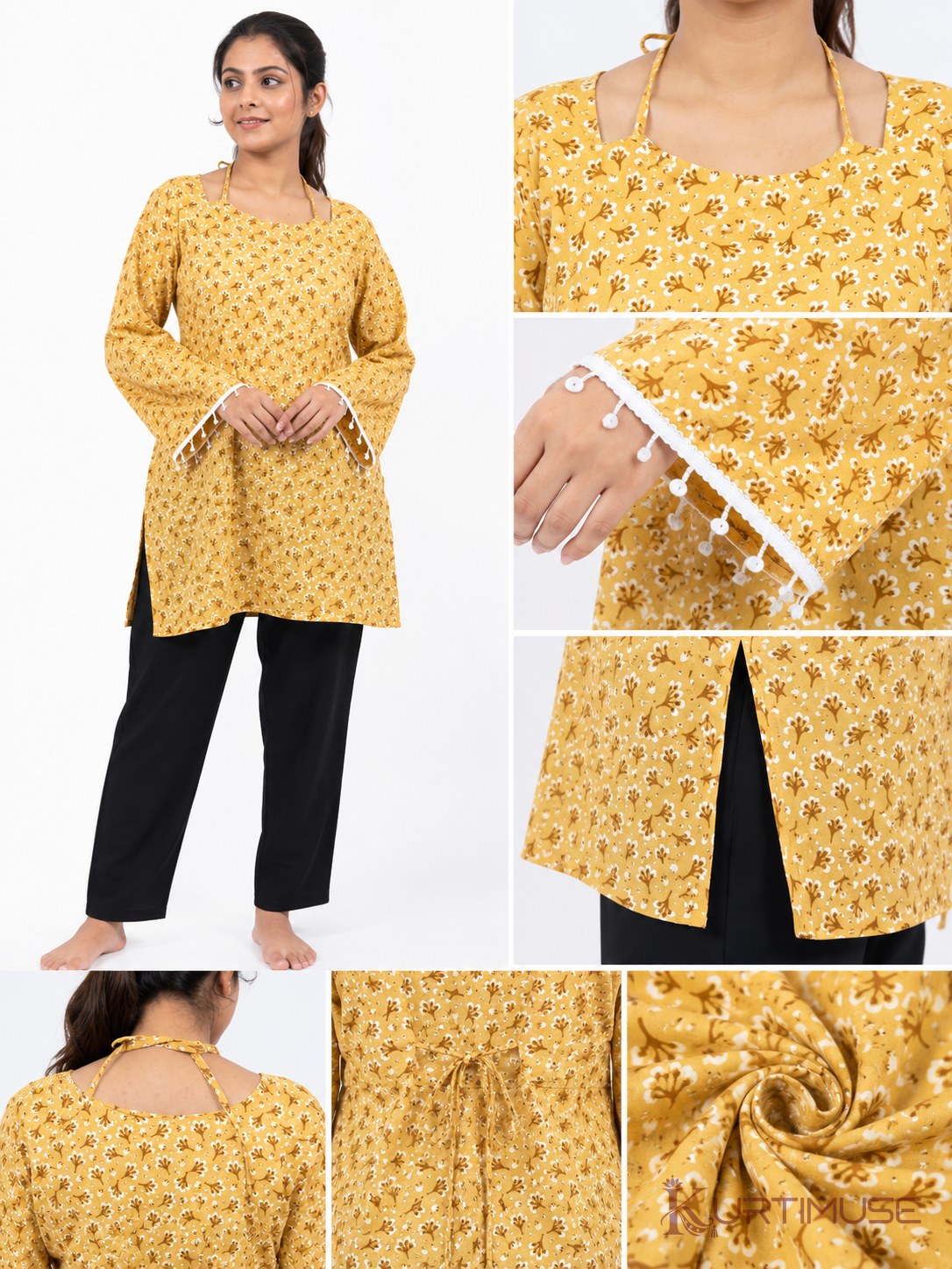 Sarson Mustard Print Bell Sleeve Short Kurti