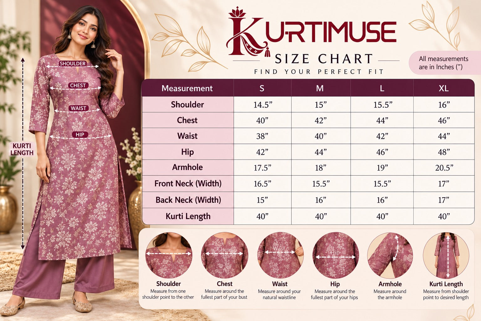 Kurtimuse size chart in inches