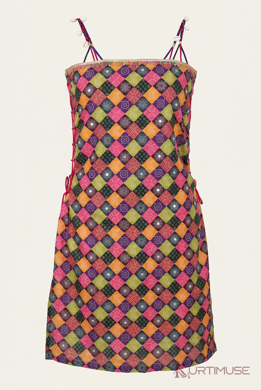 Raas-Rang Bandhani Print Strappy Kurti with Purple Palazzo Set