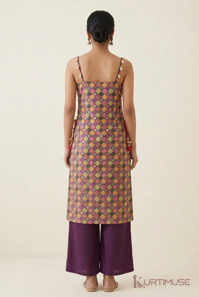 Raas-Rang Bandhani Print Strappy Kurti with Purple Palazzo Set